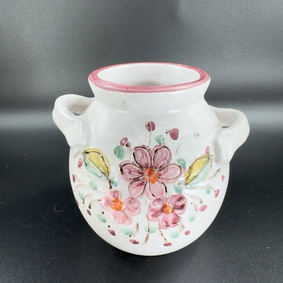 Vintage Italian Art Pottery Round Vase Vessel Carved Hand Painted Vase W Handles - Picture 9 of 12